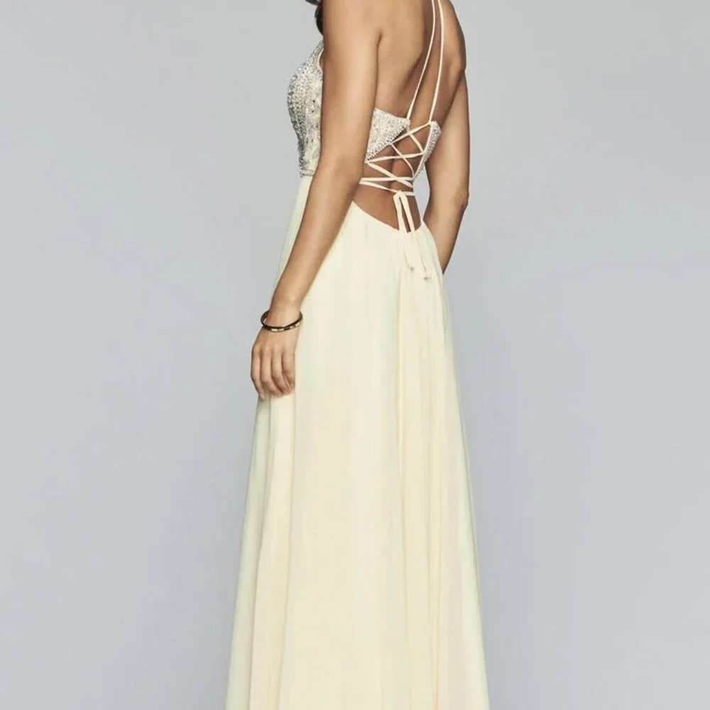 Faviana Pastel Yellow Halter Beaded A-line Lace-Up Chiffon Dress New with Tags - Picture 3 of 10